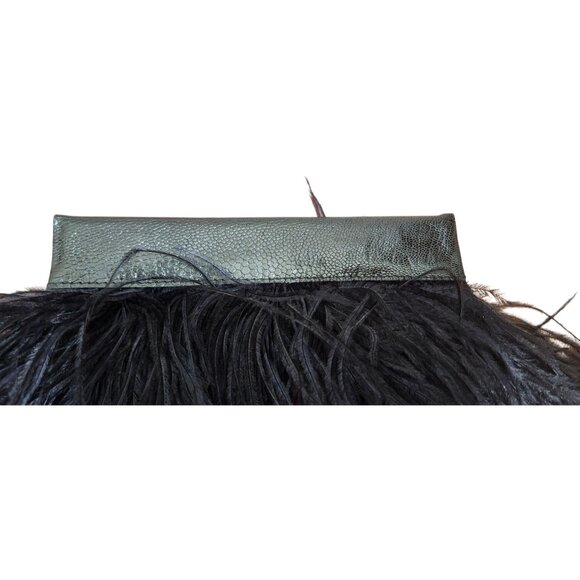 Black Leather Feather Clutch Bag Genuine Leather Evening Purse Boho Chic Handbag - Picture 4 of 14